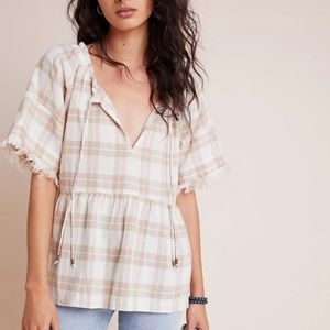Anthro pilcro linen plaid oversized babydoll boho top XS *C5